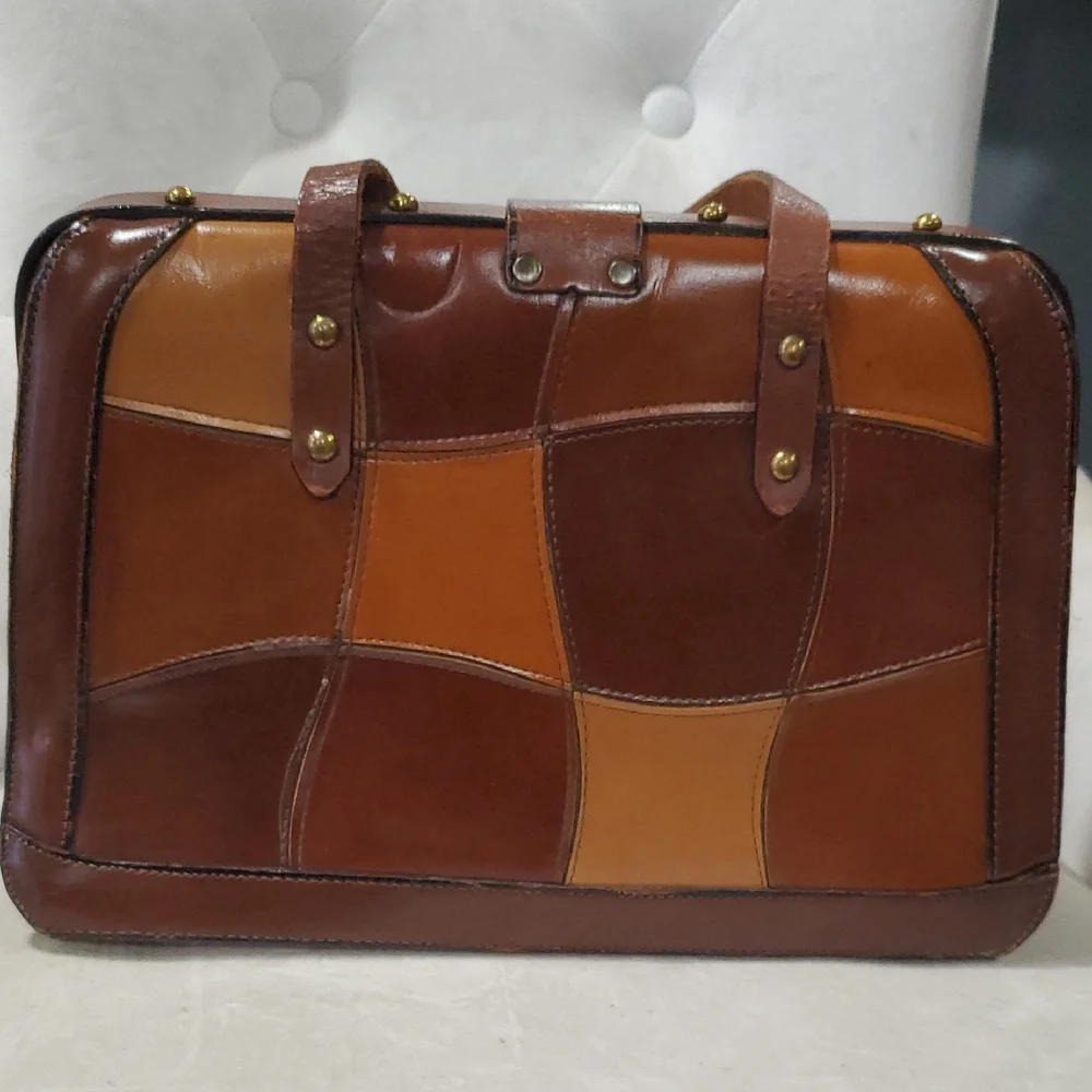 Vtg Burlington Elegant Leather Patchwork  Satchel Bag - Picture 6 of 17